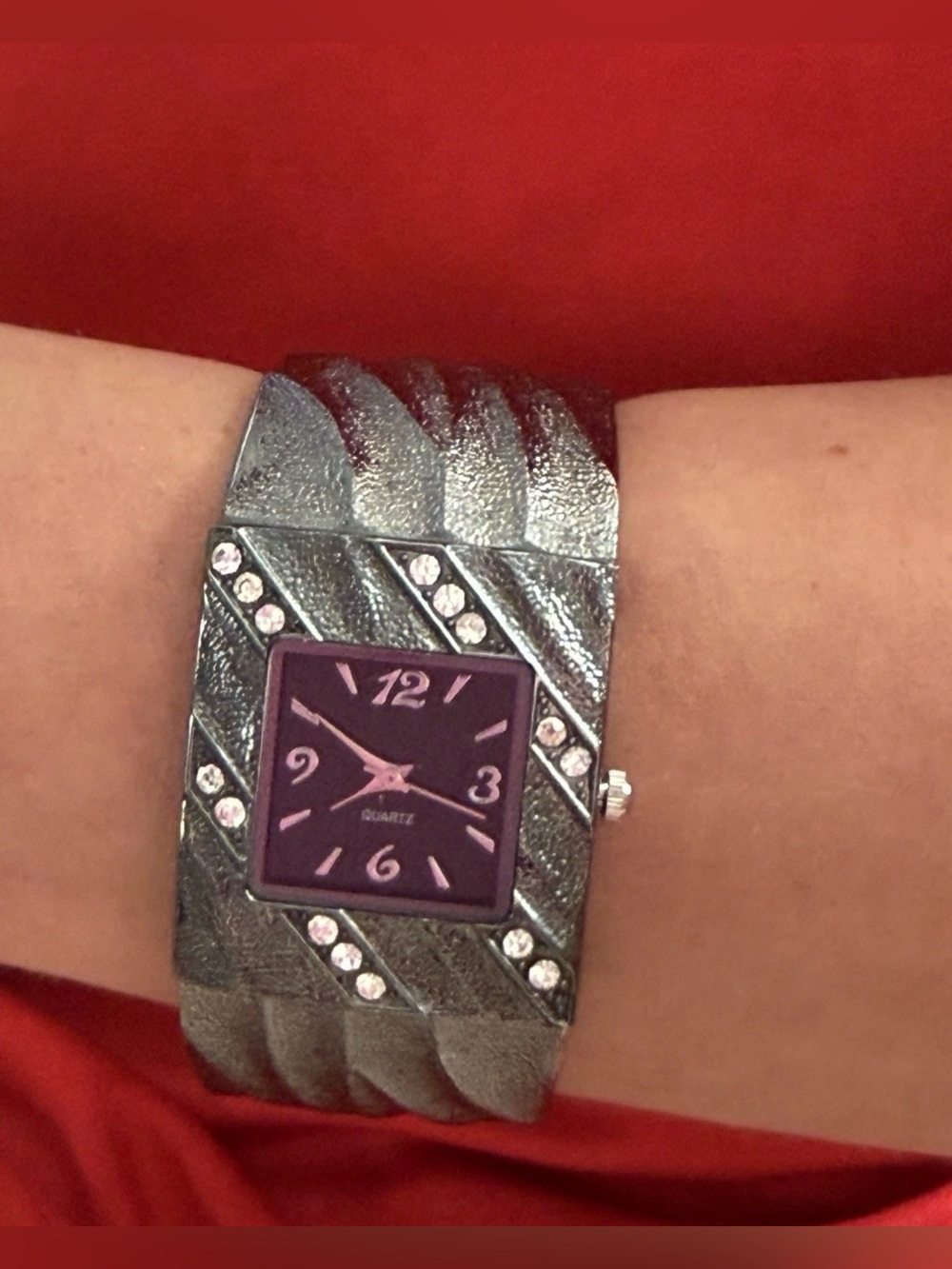 Ladies Black Tone Quartz Cuff Watch With Rhinestone Accents